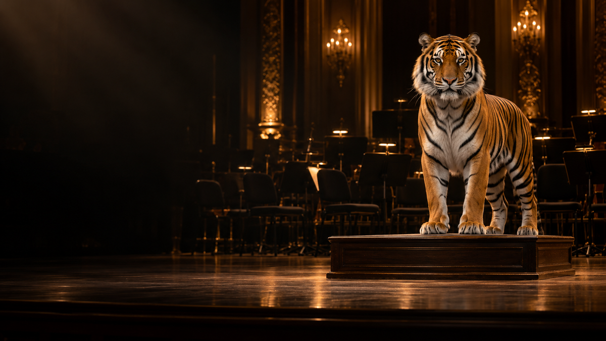 Bengal tiger on a conductor’s podium in a warmly lit concert hall